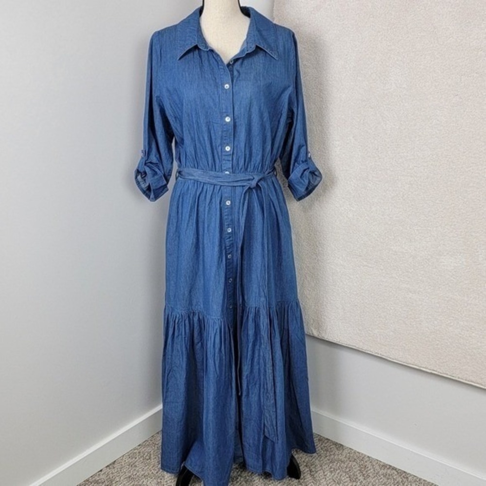 City Chic NEW Angela Maxi Dress 14 XS Plus Denim Blue Tiered Boho Shirt Dress